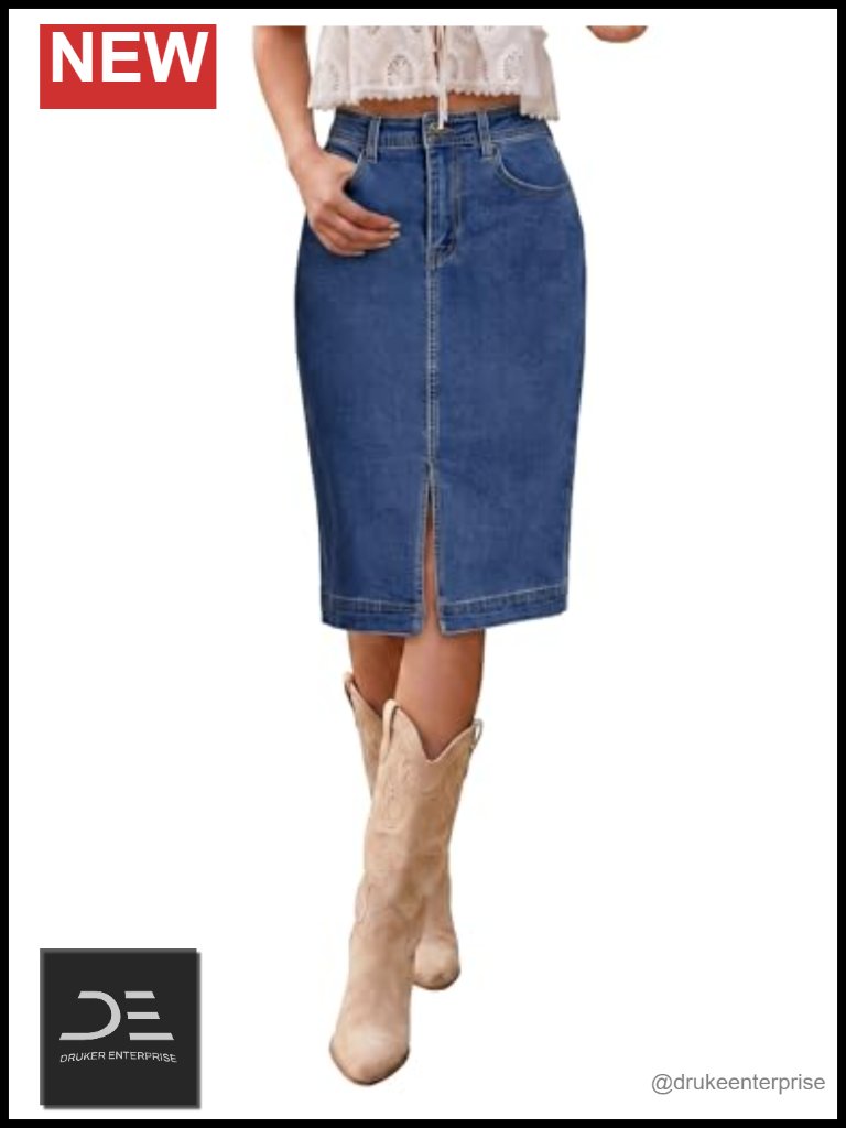 High Waisted Midi Denim Skirt With Slit - Stretchy Cotton Blend